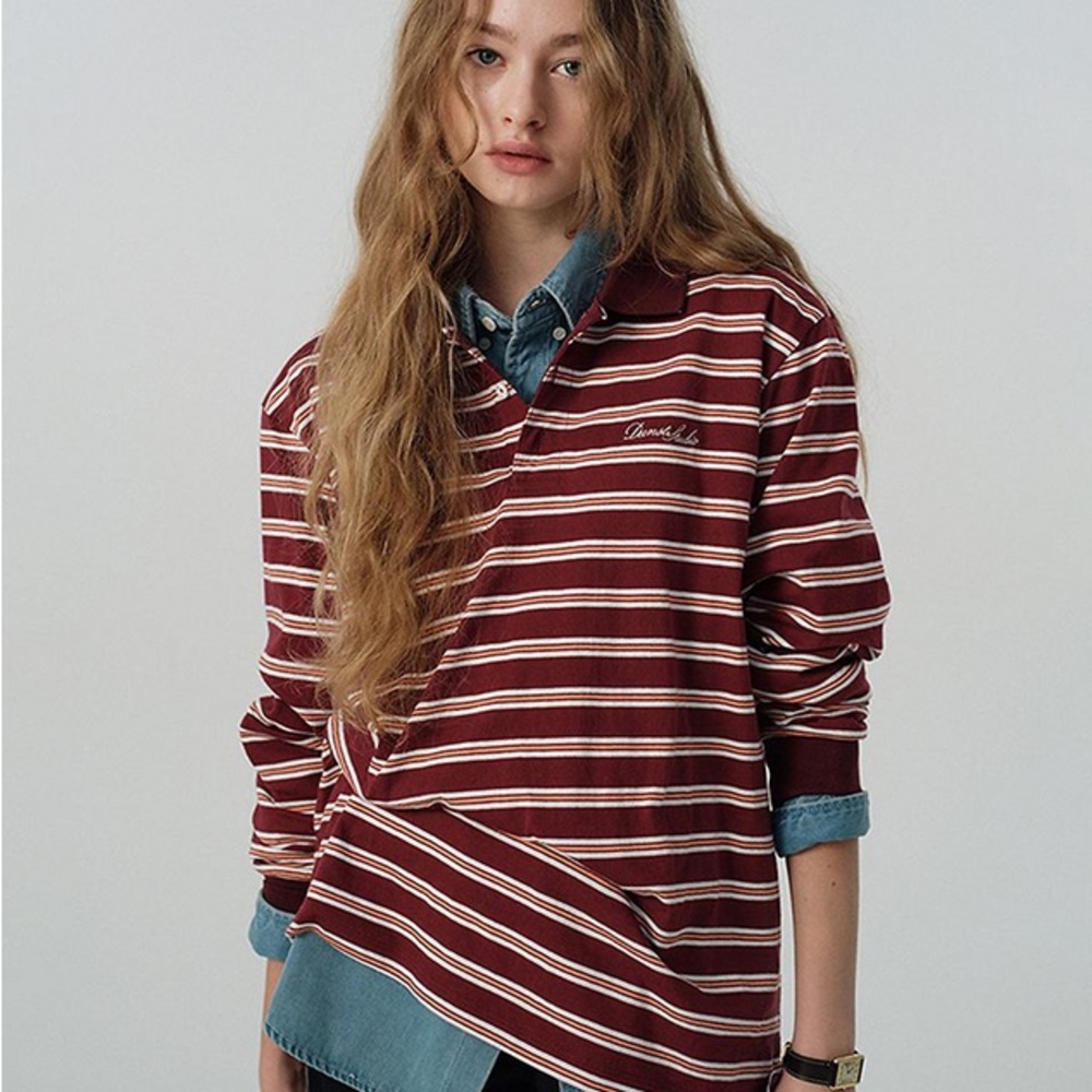 DUNST Striped Polo Shirt Collared Cotton T-shirt Burgundy